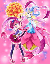 Rule 34 | 2girls, bloom diva the melodious choir, blue eyes, bracelet, chomose, duel monster, hiiragi yuzu, jewelry, md5 mismatch, multicolored hair, multiple girls, necktie, pink hair, school uniform, short hair, short twintails, smile, thighhighs, twintails, two-tone hair, yu-gi-oh!, yu-gi-oh! arc-v, zettai ryouiki
