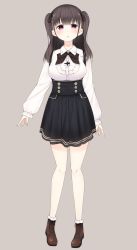 Rule 34 | 1girl, arms at sides, bad id, bad twitter id, black skirt, blush, boots, bow, bowtie, breasts, brown bow, brown bowtie, brown footwear, brown hair, collared shirt, commentary request, full body, grey background, high-waist skirt, highres, indie virtual youtuber, large breasts, light smile, long sleeves, looking at viewer, makinose makino, makinose makino (character), nekoume, parted lips, pigeon-toed, purple eyes, shirt, simple background, skirt, smile, solo, standing, twintails, virtual youtuber, wing collar
