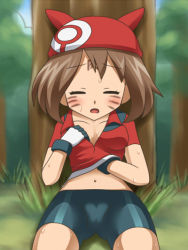 Rule 34 | 1girl, awa, bandana, bike shorts, blush, bodypaint, breasts, brown hair, closed eyes, clothes lift, creatures (company), facial mark, forehead mark, forest, game freak, lifting own clothes, may (pokemon), medium breasts, nature, nintendo, on grass, outdoors, pokemon, shirt, shirt lift, sitting, solo, sweat, t-shirt, tree, whisker markings