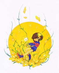 Rule 34 | blue footwear, blue shirt, blue shorts, boots, brown hair, closed eyes, flower, flowey (undertale), frisk (undertale), hair flower, hair ornament, holding hands, long sleeves, looking at another, open mouth, shirt, short hair, shorts, simple background, smile, soseji (tjduswjd), striped clothes, striped shirt, undertale, white background, yellow flower