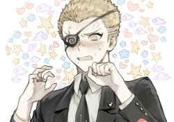 Rule 34 | 1boy, bad id, bad twitter id, black jacket, blonde hair, blush, clenched teeth, cloud print, collared shirt, commentary request, danganronpa (series), danganronpa 2: goodbye despair, eyepatch, formal, freckles, hands up, heart, jacket, jewelry, kuzuryu fuyuhiko, looking at viewer, male focus, mole, mole under mouth, necktie, pekupe (p krr), ring, shirt, short hair, solo, star (symbol), suit, sweat, teeth, upper body, very short hair, white shirt, wing collar
