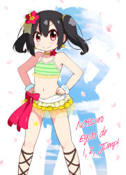 Rule 34 | &gt;:), 1girl, ankle lace-up, bangle, bikini, bikini skirt, black hair, bracelet, cross-laced footwear, drop shadow, earrings, flat chest, flower, green bikini, green nails, hair flower, hair ornament, hands on own hips, jewelry, looking at viewer, love live!, love live! school idol project, miyako hito, nail polish, natsuiro egao de 1 2 jump!, navel, necklace, petals, red eyes, red flower, red ribbon, ribbon, solo, song name, star (symbol), star earrings, striped bikini, striped clothes, swimsuit, twintails, yazawa nico