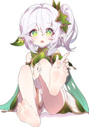Rule 34 | 1girl, arka91, bare legs, barefoot, blush, commentary request, detached sleeves, dress, eyelashes, feet, foot focus, full body, genshin impact, gold trim, green dress, green eyes, grey hair, hair between eyes, hair intakes, hair ornament, hand on own foot, hand on own knee, highres, knees up, korean commentary, leaf hair ornament, long hair, looking at viewer, multicolored clothes, multicolored dress, nahida (genshin impact), one side up, open mouth, pointy ears, shadow, simple background, sitting, sleeveless, sleeveless dress, soles, solo, symbol-shaped pupils, toes, white background, white dress