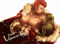Rule 34 | 2boys, androgynous, beard, cape, chiean, facial hair, fate/zero, fate (series), green hair, iskandar (fate), male focus, manly, multiple boys, muscular, red eyes, red hair, topless male, waver velvet