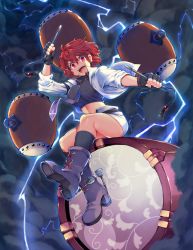 Rule 34 | &gt;:d, 1girl, :d, between breasts, boots, breasts, cloud, collared shirt, crop top, drum, drumsticks, fingerless gloves, gloves, highres, horikawa raiko, instrument, iroyopon, jacket, lightning, lightning bolt symbol, looking at viewer, midriff, miniskirt, nail polish, necktie, open mouth, plaid, plaid shirt, red eyes, red hair, red nails, shirt, skirt, sleeves rolled up, smile, solo, taiko drum, teeth, thighs, toned, touhou, v-shaped eyebrows