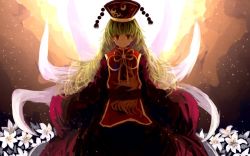 Rule 34 | 1girl, akaiha (akaihagusk), backlighting, bad id, bad twitter id, blonde hair, chinese clothes, dress, flower, fox tail, gradient background, hat, junko (touhou), light particles, long hair, long sleeves, looking at viewer, multiple tails, red eyes, ribbon, sash, smile, solo, tabard, tail, touhou, wide sleeves