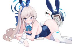 Rule 34 | 1girl, animal ears, arm rest, doodle sensei (blue archive), bare shoulders, blonde hair, blue archive, blue bow, blue eyes, blue hairband, blue leotard, blush, bow, bowtie, braid, breasts, closed mouth, detached collar, drone, earpiece, fake animal ears, hairband, halo, highleg, highleg leotard, highres, kumari2311, leotard, long hair, looking at viewer, lying, medium breasts, official alternate costume, official alternate hairstyle, on side, playboy bunny, rabbit ears, recording, sensei (blue archive), skindentation, solo, thighhighs, thighs, toki (blue archive), toki (bunny) (blue archive), very long hair, white thighhighs, wide hips, wrist cuffs