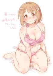 Rule 34 | 1girl, 7010, bare shoulders, barefoot, bikini, blush, breasts, brown eyes, brown hair, cleavage, collarbone, commentary request, flower, full body, hair flower, hair ornament, idolmaster, idolmaster cinderella girls, large breasts, looking at viewer, mimura kanako, navel, pink bikini, plump, short hair, simple background, sitting, sketch, solo, swimsuit, translation request, wet, white background