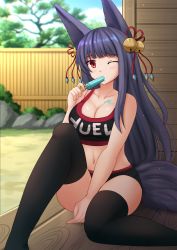 Rule 34 | 1girl, animal ears, bare arms, bare shoulders, bell, black bra, black panties, black thighhighs, blue sky, blunt bangs, blurry, blurry background, bra, breasts, character name, cleavage, clothes writing, cloud, cloudy sky, collarbone, commentary, crop top, day, depth of field, erune, feet out of frame, fence, food, food in mouth, food on body, fox ears, fox girl, fox tail, granblue fantasy, hair bell, hair ornament, hair ribbon, head tilt, highres, holding, holding food, jingle bell, kazenokaze, large breasts, long hair, looking at viewer, melting, navel, one eye closed, outdoors, panties, popsicle, purple hair, red eyes, red ribbon, ribbon, sitting, sky, solo, sports bra, tail, thighhighs, tree, underwear, underwear only, veranda, very long hair, yuel (granblue fantasy)