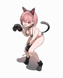 1girl absurdres animal_ears animal_hands bare_arms bare_legs bare_shoulders bell bikini black_bikini black_choker black_footwear black_gloves blush breasts cat_ears cat_tail choker collar commentary_request fake_animal_ears fang full_body gloves grey_background hair_between_eyes highres looking_at_viewer navel neck_bell open_mouth original paw_gloves paw_pose paw_shoes pink_hair red_eyes shoes short_hair simple_background small_breasts solo starcat string_bikini swimsuit tail tearing_up tears white_background