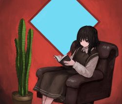 Rule 34 | 1girl, absurdres, armchair, black dress, black hair, book, cactus, chair, dress, expressionless, female focus, highres, holding, holding book, medium hair, original, plant, potted plant, reading, shii595, solo, window