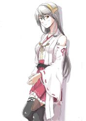 Rule 34 | 10s, 1girl, bare shoulders, brown eyes, detached sleeves, grey hair, hair ornament, hairclip, haruna (kancolle), headgear, interlocked fingers, japanese clothes, kantai collection, long hair, looking at viewer, nontraditional miko, ribbon-trimmed sleeves, ribbon trim, shadow, skirt, smile, solo, thighhighs, vent arbre, white background