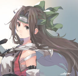 Rule 34 | 1girl, black neckerchief, brown eyes, brown hair, buttons, detached sleeves, double-breasted, forehead protector, gradient background, hair intakes, half updo, highres, jintsuu (kancolle), jintsuu kai ni (kancolle), kantai collection, long hair, looking at viewer, neckerchief, ponytail, sailor collar, school uniform, serafuku, solo, sunday aki, upper body, white sailor collar