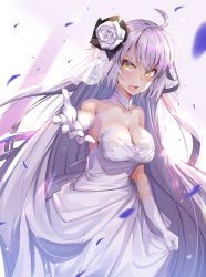 Rule 34 | 1girl, blush, breasts, bridal veil, dress, elbow gloves, fate/grand order, fate (series), gloves, highres, jeanne d&#039;arc (fate), jeanne d&#039;arc alter (avenger) (fate), jeanne d&#039;arc alter (fate), large breasts, long hair, looking at viewer, open mouth, outstretched arm, petals, renka (renkas), silver hair, veil, wedding dress, white dress, white gloves, yellow eyes