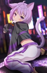 Rule 34 | 1girl, ahoge, animal ear fluff, animal ears, black hood, black hoodie, blurry, blurry background, blush, cat ears, cat girl, cat tail, cityscape, clothing cutout, commentary, ear down, eyes visible through hair, fang, food, food in mouth, from side, hand on ground, hand up, head tilt, highres, hololive, hood, hood down, hoodie, kawaiipony2, long sleeves, looking at viewer, looking to the side, medium hair, midriff, mouth hold, nekomata okayu, nekomata okayu (1st costume), on ground, onigiri, outdoors, pants, paw pose, purple background, purple eyes, purple hair, purple tail, raised eyebrows, road, shoes, sitting, sleeves past wrists, solo, striped clothes, striped hoodie, striped pants, sweatpants, tail, tail raised, tail through clothes, virtual youtuber, wariza, white pants, yellow footwear