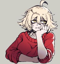 Rule 34 | 1girl, :t, ahoge, bags under eyes, blonde hair, bored, borrowed character, breasts, choker, chris (ginseng), commentary, english commentary, expressionless, head rest, lowres, nairda, original, red sweater, short hair, solo, sweater, upper body, yellow eyes