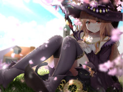 Rule 34 | 1girl, :q, against tree, black cat, black dress, black footwear, black hat, black thighhighs, blue sky, blurry, blurry background, blurry foreground, blush, brown hair, cat, cherry blossoms, cloud, collarbone, colored sclera, dappled sunlight, day, depth of field, dorothy (shingeki no bahamut), dress, eyes visible through hair, falling petals, gem, grass, hair between eyes, hat, hat ribbon, highres, holding, holding staff, house, jewelry, knees up, laces, long hair, long sleeves, looking at viewer, monaka curl, necklace, orange ribbon, petals, pointy footwear, red eyes, ribbon, shadowverse, shoes, sidelocks, sitting, sky, smile, solo, staff, sunlight, thighhighs, tongue, tongue out, tree, tree shade, window, witch, witch hat, yellow sclera