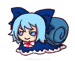 Rule 34 | 1girl, blue bow, blue dress, blue eyes, blue hair, bow, chibi, cirno, closed mouth, collared shirt, commentary, dress, english commentary, full body, fumo (doll), hair bow, large bow, neck ribbon, pinafore dress, red ribbon, ribbon, shirt, simple background, skullchimes, sleeveless, sleeveless dress, smile, snail girl, solo, touhou, v-shaped eyebrows, white background, white shirt