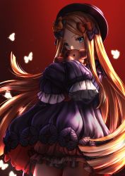 Rule 34 | 1girl, abigail williams (fate), artist name, bad id, bad pixiv id, black bow, black hat, blonde hair, bloomers, blue eyes, blush, bow, bug, butterfly, covering own mouth, cowboy shot, dress, fate/grand order, fate (series), fedora, glowing, glowing butterfly, gradient background, hair bow, hands in opposite sleeves, hat, holding, holding stuffed toy, insect, long hair, long sleeves, looking at viewer, orange bow, parted bangs, polka dot, polka dot bow, puffy long sleeves, puffy sleeves, purple dress, red background, saruei, solo, standing, straight hair, stuffed animal, stuffed toy, teddy bear, underwear, very long hair