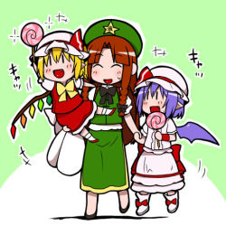 Rule 34 | 3girls, :d, ^ ^, bat wings, beret, blush, bow, braid, candy, carrying, chibi, china dress, chinese clothes, closed eyes, crystal, dress, eichi yuu, fang, female focus, flandre scarlet, food, green background, happy, hat, hat ribbon, holding hands, hong meiling, lollipop, long hair, multiple girls, open mouth, puffy sleeves, purple hair, red eyes, remilia scarlet, ribbon, short hair, short sleeves, side ponytail, simple background, smile, standing, star (symbol), sweatdrop, touhou, twin braids, wings, wristband, | |