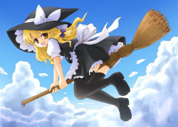 Rule 34 | 1girl, :d, bad id, bad pixiv id, blonde hair, broom, broom riding, cloud, day, female focus, full body, gradient background, hat, kirisame marisa, long hair, looking back, marugoshi (54burger), mary janes, open mouth, outdoors, shoes, skirt, sky, smile, solo, thighhighs, touhou, witch, witch hat, yellow eyes, zettai ryouiki