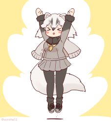 Rule 34 | 1girl, animal ears, arms up, bow, bowtie, cardigan, coroha, extra ears, full body, grey hair, jacket, japanese badger (kemono friends), jumping, kemono friends, kemono friends 3, looking at viewer, pantyhose, sailor collar, shoes, short hair, simple background, skirt, socks, solo, tail, yellow background