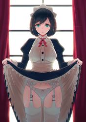 Rule 34 | 10s, 1girl, 40hara, angry, backlighting, blue dress, blue hair, bow, bow panties, breasts, buttons, chromatic aberration, clothes lift, collar, cowboy shot, curtains, dress, dress lift, female focus, garter belt, garter straps, green eyes, itou chitose, iya na kao sare nagara opantsu misete moraitai, lifting own clothes, long sleeves, looking at viewer, maid, maid headdress, medium breasts, multicolored clothes, multicolored dress, original, panties, pink bow, puffy long sleeves, puffy sleeves, red ribbon, ribbon, serious, short hair, skirt, skirt lift, sleeves rolled up, solo, standing, thighhighs, underwear, white dress, white panties, white thighhighs, window