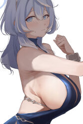 Rule 34 | 1girl, ako (blue archive), ako (dress) (blue archive), backless dress, backless outfit, blue archive, blue dress, blue eyes, blue hair, blue halo, blush, breasts, closed mouth, cuffs, dress, from side, halo, handcuffs, highres, large breasts, long hair, looking at viewer, mitsuru (pixiv 34028718), official alternate costume, sideboob, simple background, sleeveless, sleeveless dress, solo, upper body, white background