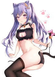 Rule 34 | 1girl, absurdres, arm support, ass, bare shoulders, bell, black panties, black thighhighs, blush, bow, breasts, cat cutout, cat lingerie, cat tail, cleavage, cleavage cutout, clothing cutout, collarbone, cone hair bun, earrings, genshin impact, hair between eyes, hair bun, hair ornament, highres, holding, jewelry, keqing (genshin impact), long hair, looking at viewer, medium breasts, meme attire, navel, neon (hhs9444), panties, parted lips, paw print, paw print background, pink bow, pink eyes, purple hair, side-tie panties, solo, tail, tail bell, tail bow, tail ornament, thighhighs, thighs, twintails, twisted torso, underwear, untied panties, white background