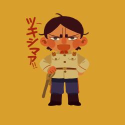 Rule 34 | 1boy, black eyes, blue pants, boots, brown footwear, brown hair, brown jacket, chengongzi123, collared jacket, deformed, full body, golden kamuy, hand on own hip, hands up, highres, holding, holding weapon, jacket, koito otonoshin, long sleeves, looking at viewer, male focus, military uniform, open mouth, pants, sheath, sheathed, short hair, simple background, solo, standing, sword, uniform, weapon, yellow background