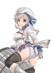 Rule 34 | 10s, 1girl, ass, belt, beret, black thighhighs, blue eyes, blue panties, blue skirt, blush, boots, breasts, clothes pull, cucouroux (granblue fantasy), flat ass, from behind, granblue fantasy, grey hair, hair ribbon, hat, highres, jacket, lavender panties, long hair, long sleeves, looking back, medium breasts, miniskirt, nose blush, open mouth, panties, polka dot, polka dot panties, ribbon, rumiya9i, simple background, skirt, skirt pull, solo, striped ribbon, sweat, thighhighs, twintails, underwear, wavy mouth, white background, white footwear, white hat, white jacket
