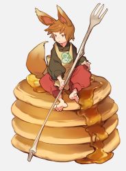 Rule 34 | 1boy, androgynous, animal ears, apron, barefoot, black shirt, brown hair, butter, food, fork, fox ears, fox tail, frown, highres, jitome, lee hyeseung, male focus, original, oversized food, oversized object, pancake, pants, red pants, shirt, short hair, sitting, solo, pancake stack, syrup, tail, white background