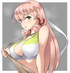 Rule 34 | 1girl, akashi (kancolle), apron, apron pull, blush, breasts, brown apron, clothes pull, covered erect nipples, from side, green eyes, grey background, hair ribbon, kantai collection, large breasts, long hair, looking at viewer, minarai zouhyou, pink hair, pulled by self, ribbon, simple background, solo, tress ribbon, upper body