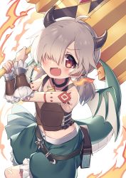 Rule 34 | 1girl, :d, ahoge, armor, bare shoulders, black choker, blush, breastplate, choker, commentary request, crop top, dragon girl, dragon horns, dragon tail, dragon wings, fang, fire, frilled shorts, frills, green shorts, grey hair, hair over one eye, hammer, highres, holding, holding hammer, horns, inori (princess connect!), long hair, looking at viewer, low twintails, midriff, navel, open mouth, princess connect!, puffy shorts, red eyes, short shorts, shorts, simple background, smile, solo, star (symbol), star choker, tail, twintails, wagashi928, white background, white wings, wings