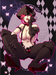Rule 34 | 1girl, argyle, argyle background, argyle clothes, armband, bakuretsu hunters, belt, boots, breasts, bug, butterfly, chocolate misu, choker, clenched teeth, dominatrix, elbow gloves, gloves, hat, insect, joejoe666, large breasts, lips, lipstick, makeup, mouth hold, naked suspenders, navel, no bra, pants, pink hair, red eyes, revealing clothes, short hair, solo, spread legs, suspenders, teeth, topless, wire