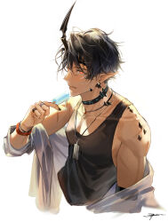 Rule 34 | 1boy, absurdres, arknights, arm up, black hair, black tank top, chinese commentary, commentary request, cropped torso, demon boy, demon horns, dog tags, flamebringer (arknights), flamebringer (casual vacation) (arknights), food, highres, holding, holding food, holding popsicle, horns, infection monitor (arknights), jacket, jewelry, looking at viewer, male focus, material growth, messy hair, multiple bracelets, multiple necklaces, multiple rings, necklace, off shoulder, oripathy lesion (arknights), pointy ears, popsicle, red eyes, ring, sanse (sssei 33), scar, signature, simple background, single horn, solo, tank top, toned, toned male, upper body, white background, white jacket