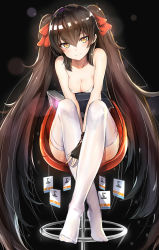 Rule 34 | 1girl, bare shoulders, between legs, black background, black gloves, black hair, breasts, breasts squeezed together, brown hair, chair, cleavage, closed mouth, collarbone, fingerless gloves, full body, girls&#039; frontline, gloves, glowing, hair ribbon, hand between legs, head tilt, highres, lens flare, long hair, looking at viewer, luse maonang, revision, ribbon, shiny skin, simple background, sitting, small breasts, smile, solo, thighhighs, tsurime, twintails, type 97 (girls&#039; frontline), very long hair, white thighhighs, yellow eyes