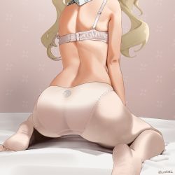 Rule 34 | 1girl, absurdres, ass, back, barbara (genshin impact), bed sheet, blonde hair, bra, drill hair, facing away, feet, from behind, genshin impact, head out of frame, highres, kneeling, long hair, no shoes, panties, panties under pantyhose, pantyhose, sitting, soles, solo, strap slip, toes, twintails, underwear, underwear only, wariza, white bra, white panties, white pantyhose, wusie2