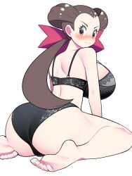 Rule 34 | 1girl, ass, back, bare legs, bare shoulders, barefoot, bellupup, black bra, black panties, blush, bra, breasts, brown hair, closed mouth, creatures (company), feet, forehead, from behind, game freak, hair slicked back, highres, huge breasts, kneeling, lingerie, looking back, nintendo, panties, pink eyes, pokemon, pokemon oras, roxanne (pokemon), simple background, sitting, soles, solo, toes, twintails, underwear, wariza, white background