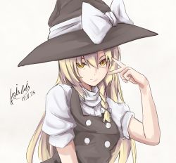 Rule 34 | 1girl, blonde hair, bow, braid, dated, hat, hat bow, kawara koishi, kirisame marisa, long hair, looking at viewer, puffy short sleeves, puffy sleeves, short sleeves, signature, single braid, smile, solo, touhou, upper body, white bow, witch hat, yellow eyes