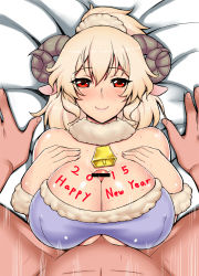 Rule 34 | 10s, 1boy, 1girl, 2015, animal ears, bed, bell, blush, body writing, breast press, breasts, censored, covered erect nipples, happy new year, hetero, highres, horns, large breasts, light brown hair, lying, mizuse kouichi, new year, on back, original, paizuri, paizuri under clothes, penis, red eyes, sheep ears, sheep girl, sheep horns, smile, solo focus, straddling, straddling paizuri