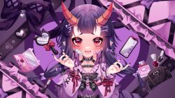 Rule 34 | absurdres, bandages, black nails, bow, breasts, chain, claw ring, cleavage, crack, cracked glass, cracked phone, earrings, fangs, gauze on cheek, hair ornament, hand mirror, heart, heart in eye, highres, horns, indie virtual youtuber, jewelry, makeup brush, mirror, nail polish bottle, o-ring, open mouth, purple hair, purple theme, red bow, red eyes, red horns, rengoku otone, ring, serurosu, symbol in eye, virtual youtuber