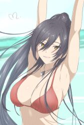 Rule 34 | 1girl, armpits, arms up, bare shoulders, bikini, black hair, blurry, blurry background, blush, breasts, cleavage, collarbone, dot nose, floating hair, hair between eyes, high ponytail, highres, idolmaster, idolmaster shiny colors, jewelry, large breasts, long hair, looking at viewer, mitsugu, necklace, parted lips, ponytail, red bikini, shirase sakuya, sign, smile, solo, swimsuit, two-tone background, upper body, yellow eyes