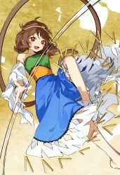 1girl :d bare_legs bare_shoulders barefoot bracelet brown_hair circlet commentary_request detached_sleeves diamond_cutout dress highres jewelry kaigen_1025 low_twintails medium_hair monkey_girl monkey_tail multicolored_dress open_mouth partial_commentary prehensile_tail single-shoulder_dress single_detached_sleeve single_strap sleeveless sleeveless_dress smile solo son_biten tail test_tube touhou twintails white_sleeves