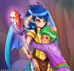 Rule 34 | 1boy, 1girl, armor, blue hair, dragon girl, dragon tail, dragon wings, ember (my little pony), fang, hetero, horns, hug, my little pony, my little pony: friendship is magic, personification, racoon-kun, racoonkun, red eyes, scepter, spike (my little pony), tail, wings