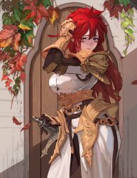 Rule 34 | 1girl, absurdres, armor, breasts, cowboy shot, dress, faulds, gloves, hair between eyes, hand in own hair, highres, holding, holding sword, holding weapon, large breasts, leaf, long hair, o-ring strap, ori dal, original, pauldrons, red eyes, red hair, shoulder armor, solo, strap, sword, weapon, white dress, wooden door