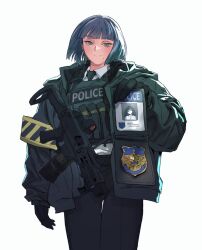 Rule 34 | 1girl, black gloves, black pants, blue hair, blunt bangs, bob cut, closed mouth, collared shirt, commentary, commission, cz scorpion evo 3, english commentary, gloves, green eyes, green jacket, green necktie, green vest, grey hair, gun, holding, jacket, long sleeves, looking at viewer, maxturbo69, mole, mole under mouth, necktie, open clothes, open jacket, original, pants, police, police badge, puffy long sleeves, puffy sleeves, shirt, short hair, simple background, smile, solo, standing, vest, weapon, weapon request, white background, white shirt