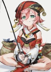 Rule 34 | 1girl, antlers, bag, bare shoulders, blush, breasts, closed mouth, crop top, detached sleeves, fish, fishing, fishing rod, genshin impact, green eyes, hair between eyes, highres, horns, long sleeves, pink hair, red headwear, simple background, skyn blue, small breasts, smile, solo, white background, yanfei (genshin impact)