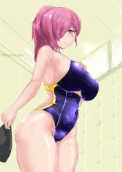 Rule 34 | 1girl, absurdres, alternate costume, artist name, azur lane, breasts, competition swimsuit, from below, green eyes, hair over one eye, highres, indoors, large breasts, long hair, looking at viewer, looking down, moruniruku, one-piece swimsuit, pink hair, ponytail, purple one-piece swimsuit, shiny skin, shower (place), solo, swimsuit, trieste (azur lane)