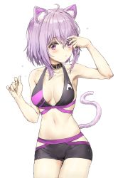 Rule 34 | 1girl, adjusting hair, ahoge, alternate costume, animal ear fluff, animal ears, armpits, athenawyrm, bikini, black bikini, black choker, blush, breasts, cat ears, cat tail, choker, cleavage, commentary, cowboy shot, english commentary, hair between eyes, hand in own hair, highres, hip vent, hololive, looking at viewer, medium breasts, midriff, mixed-language commentary, navel, nekomata okayu, onigiri print, purple eyes, purple hair, short hair, shorts, simple background, solo, swimsuit, symbol-only commentary, tail, thigh gap, thighs, virtual youtuber, wet, white background